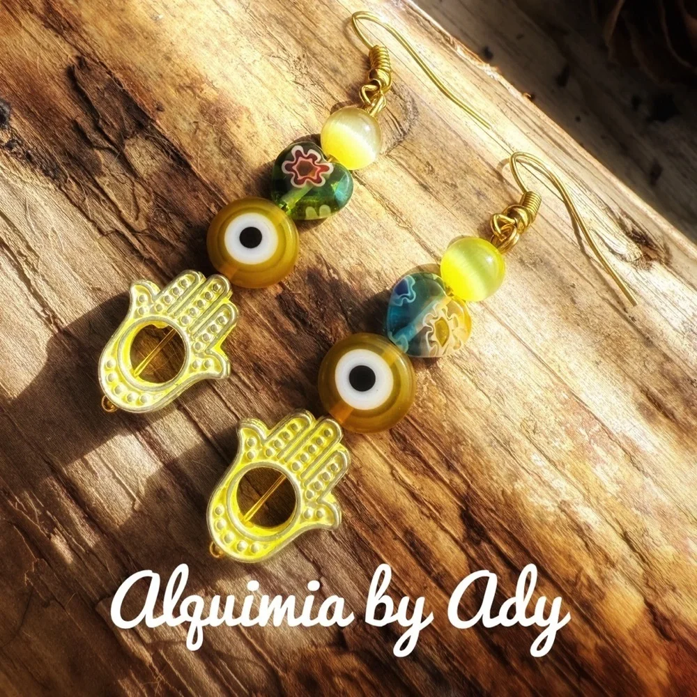 Gold and Yellow Beaded Earrings + Bold Yellow cats eye long drop